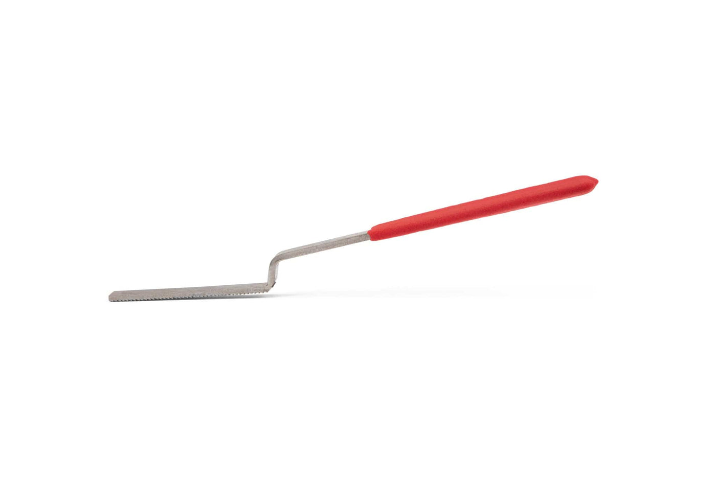 The MARU Iwasaki Carving File Crank Neck With Rubber Grip features a flat, serrated rectangular blade and a red rubber-coated handle, ideal as a precision wood file for detailed shaping.