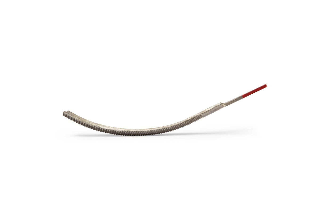 The MARU Iwasaki Curved Half Round Fine Cut is a flexible, coiled Japanese file with a red-tipped end, perfect for detailed wood carving or use as a fine cut file. Shown isolated on a white background.