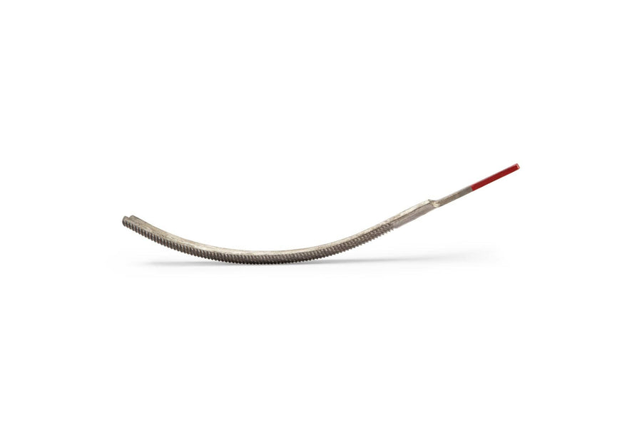 The MARU Iwasaki Curved Half Round Fine Cut is a flexible, coiled Japanese file with a red-tipped end, perfect for detailed wood carving or use as a fine cut file. Shown isolated on a white background.