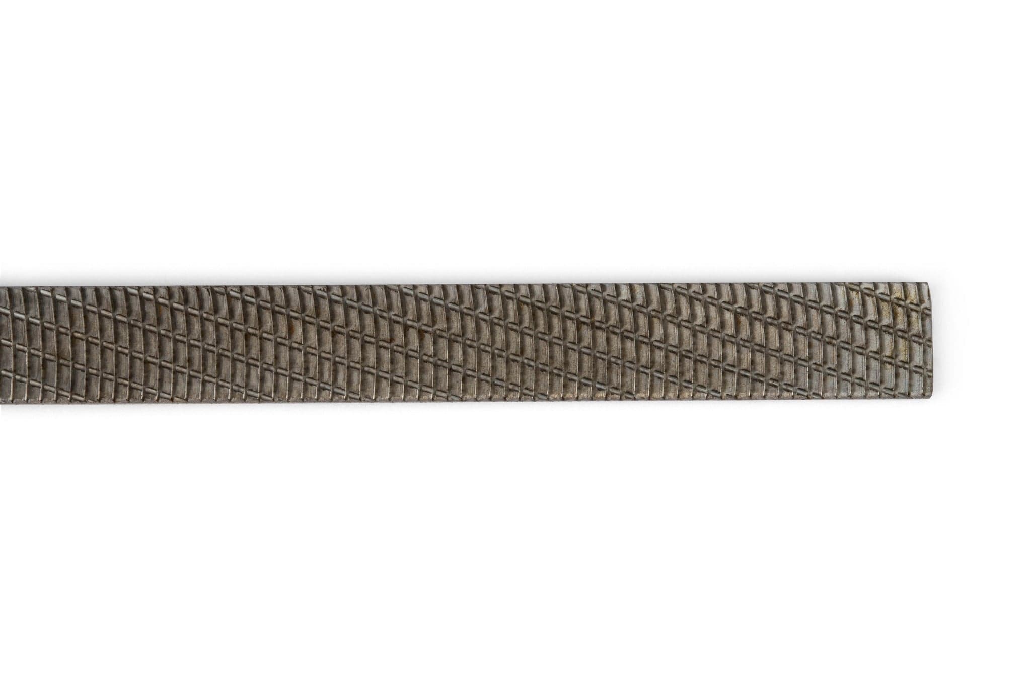 A close-up of the MARU Iwasaki Flat Extra Fine File With Rubber Grip, showcasing its crosshatch surface for precise material shaping, positioned horizontally on a white background.