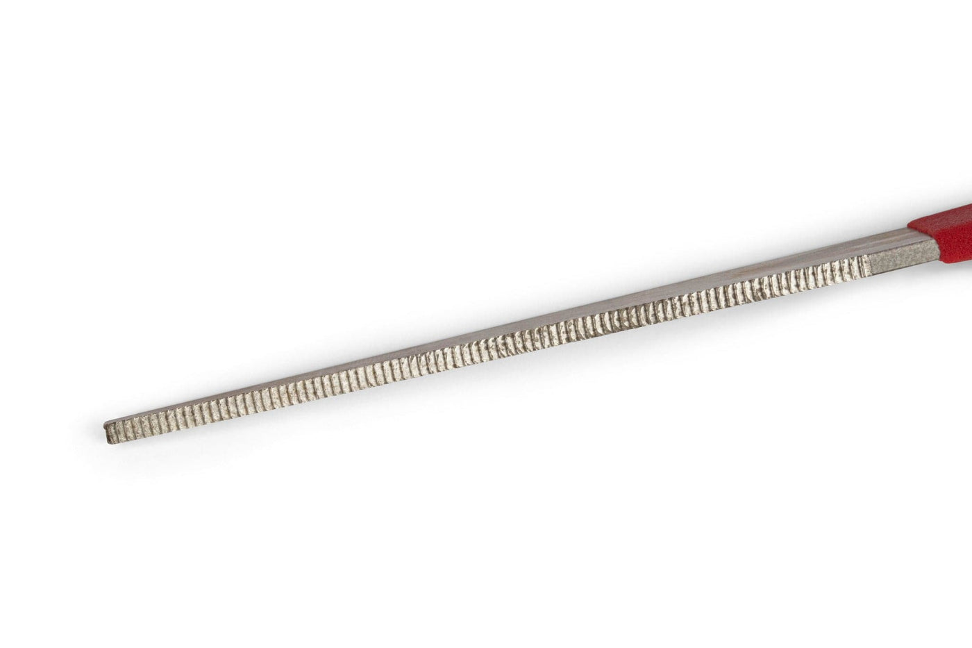 A close-up of the MARU Iwasaki Milled Tooth Plane Makers File With Rubber Grip, a woodworking tool featuring a textured rectangular blade and a red rubber handle, shown on a white background.