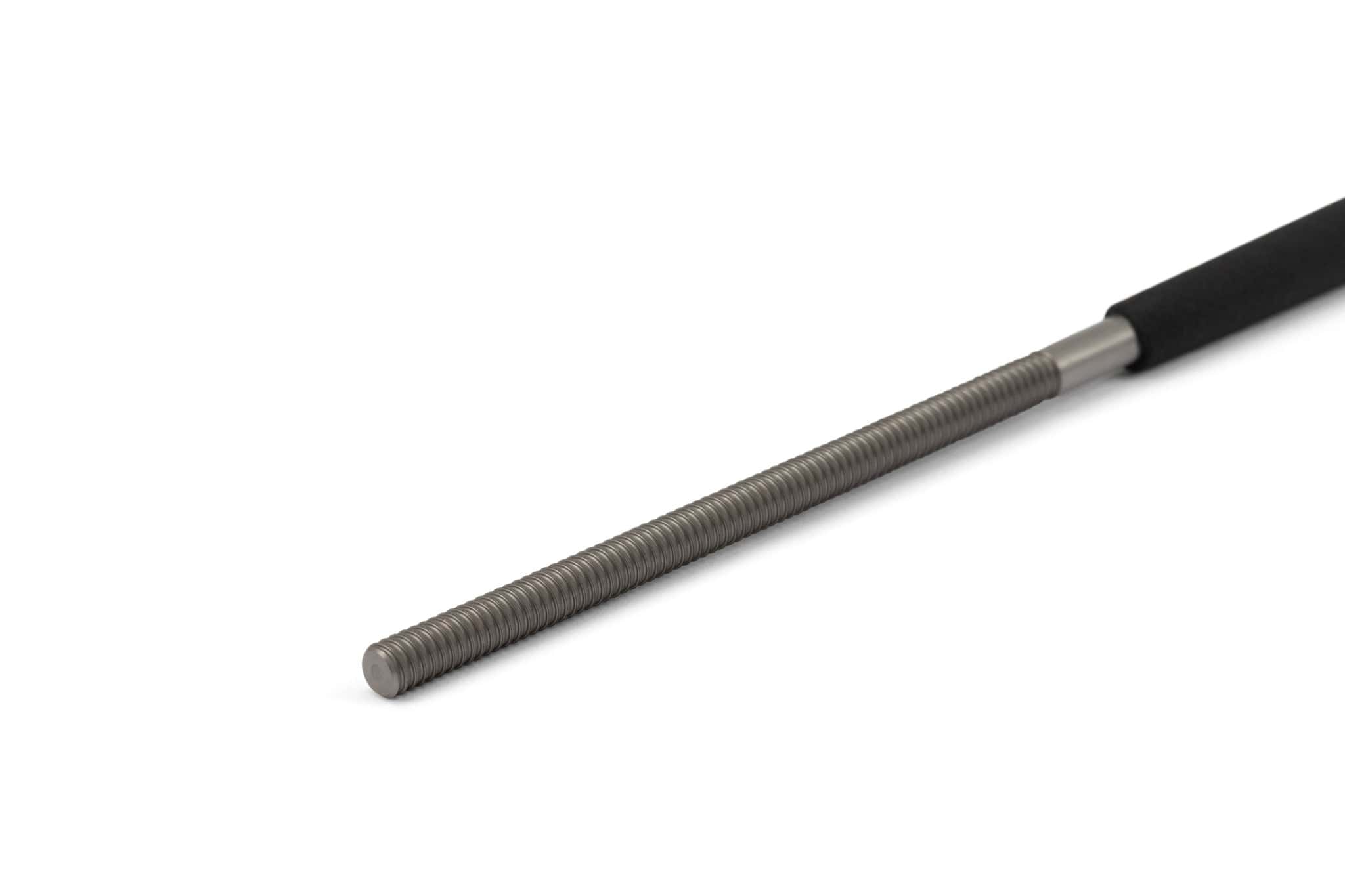 A close-up of the MARU Iwasaki Round Wood File With Rubber Grip, showing its threaded metal rod and fine teeth detail, partially covered by a black handle, set against a white background.