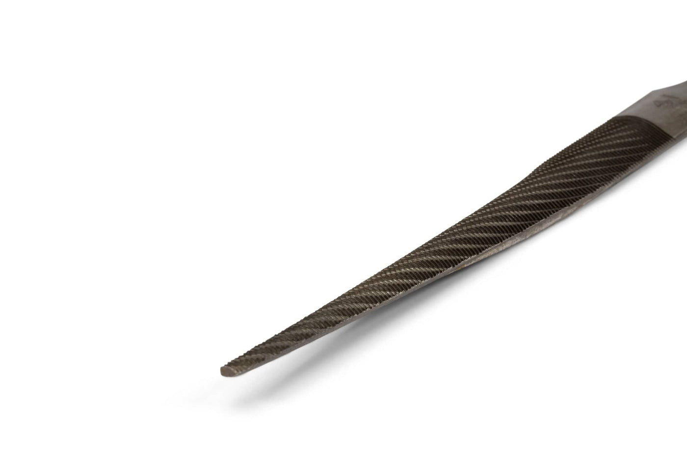 A close-up of the MARU Iwasaki Tapered Half Round Wood File, featuring a pointed tip and textured surface, this precision tool is ideal for smoothing or shaping materials, displayed on a white background.