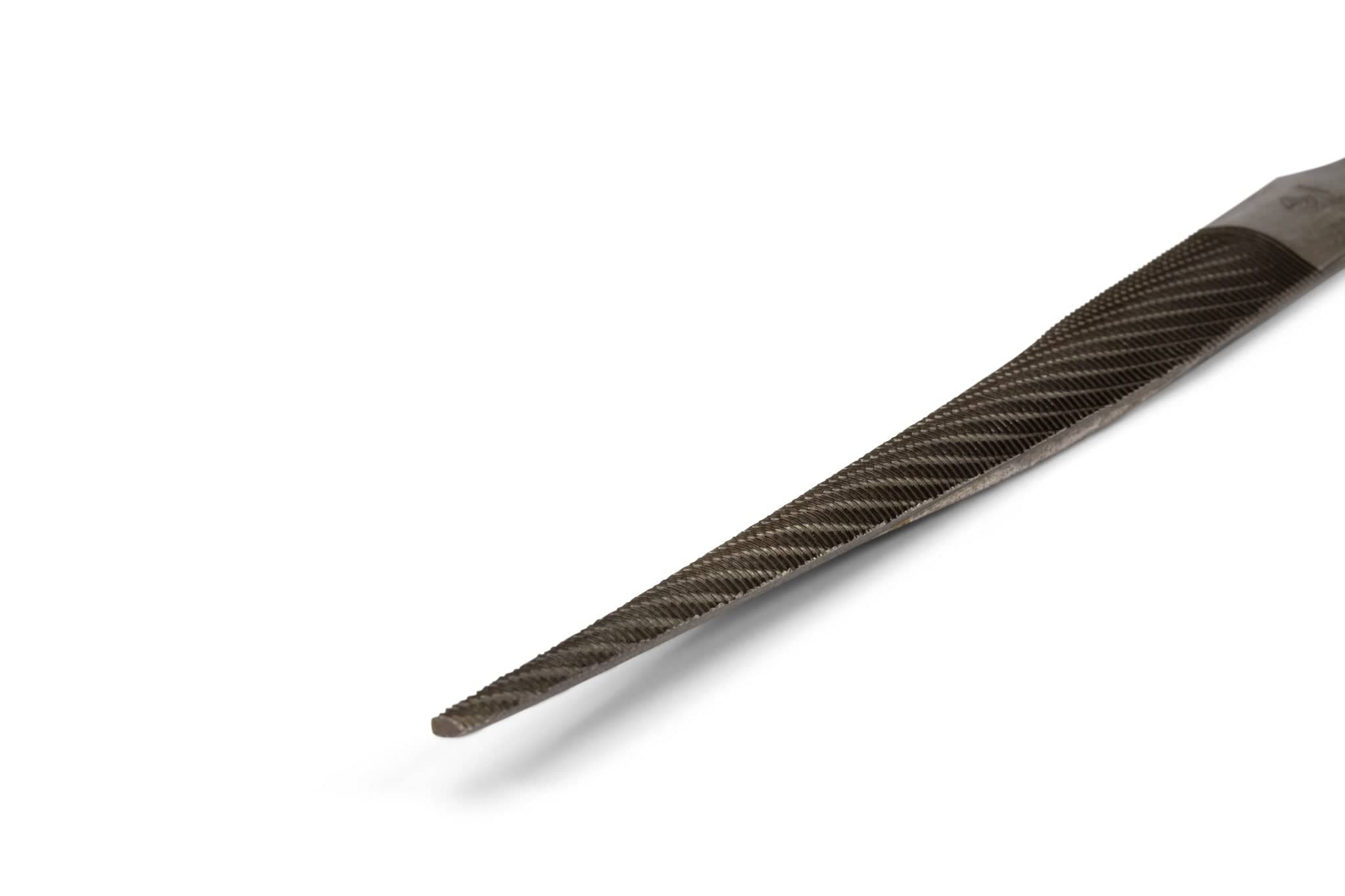A close-up of the MARU Iwasaki Tapered Half Round Wood File, featuring a pointed tip and textured surface, this precision tool is ideal for smoothing or shaping materials, displayed on a white background.