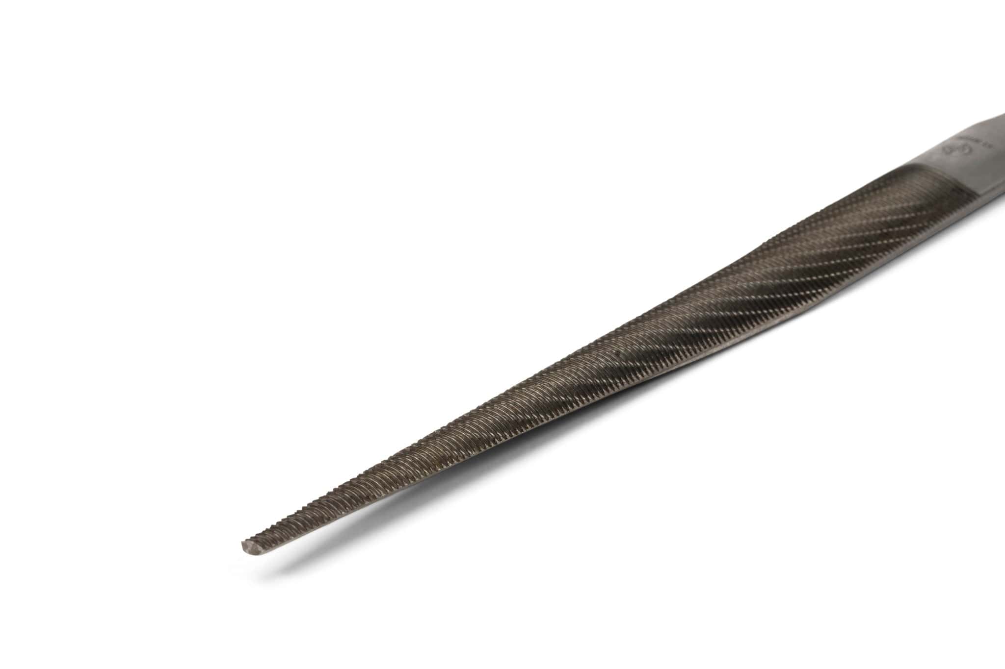 A close-up of the MARU Iwasaki Tapered Half Round Wood File, featuring a pointed, textured blade and smooth handle, designed for precision shaping and smoothing of wood or metal in woodworking tasks.