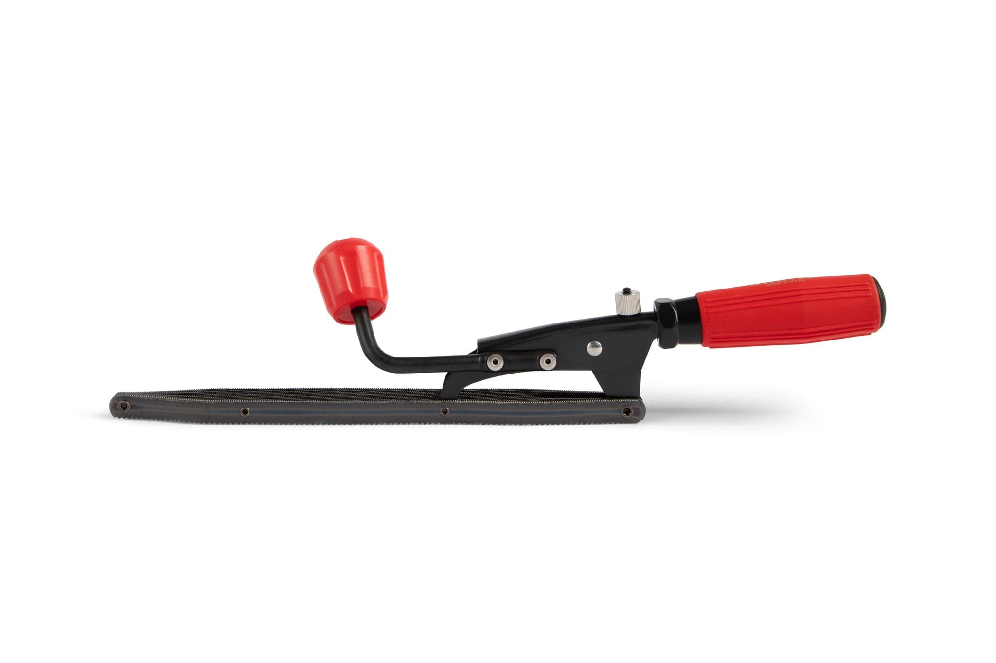 The MARU Shinto Saw Rasp features a flat metal serrated blade, black frame, two red handles for grip (end and top), and replaceable blades—all shown on a white background.