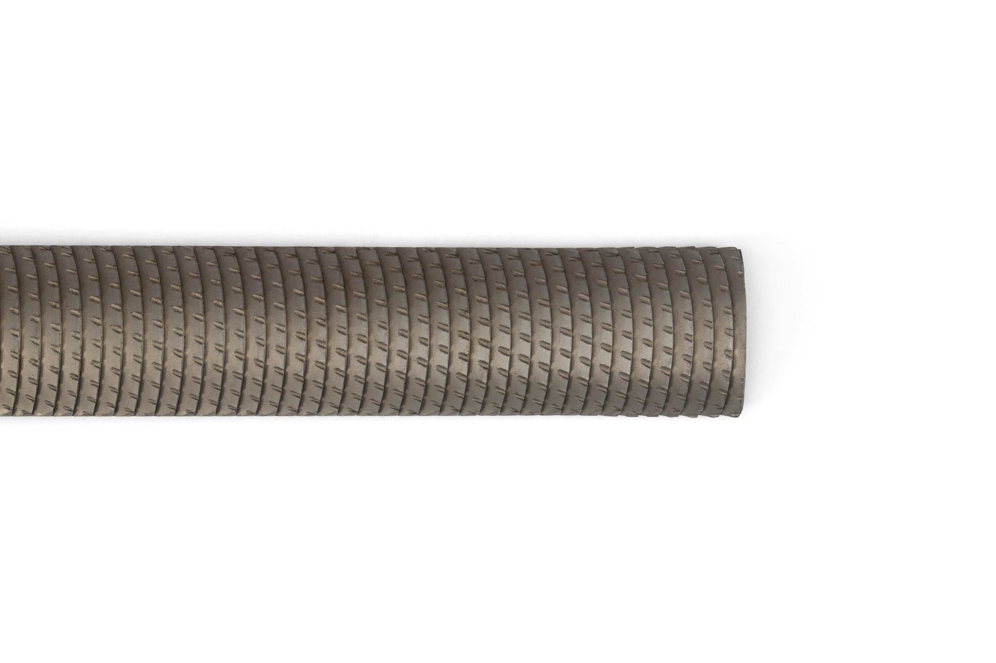 A close-up of the MARU Iwasaki Half Round Wood Carving File shows its grey, textured surface with repeating diagonal grooves, resembling a hose or tube, set against a white background and extending in from the left.