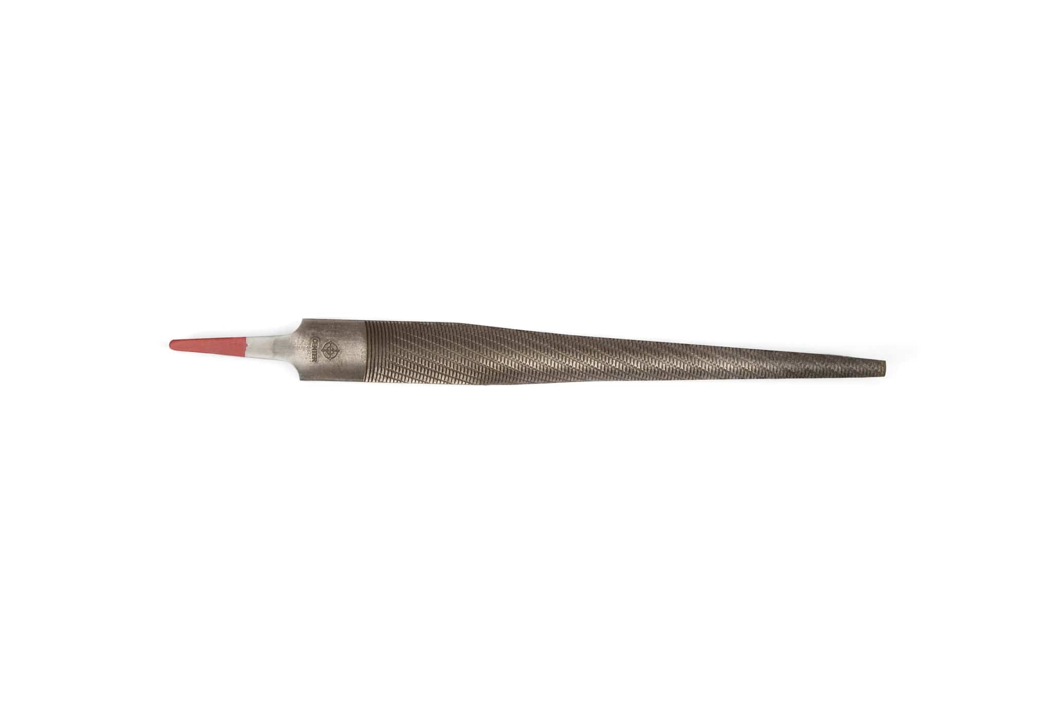 The MARU Iwasaki Tapered Half Round Wood File is a metal hand file with a textured, tapered design and a red plastic cap—perfect for precision woodworking or shaping wood.