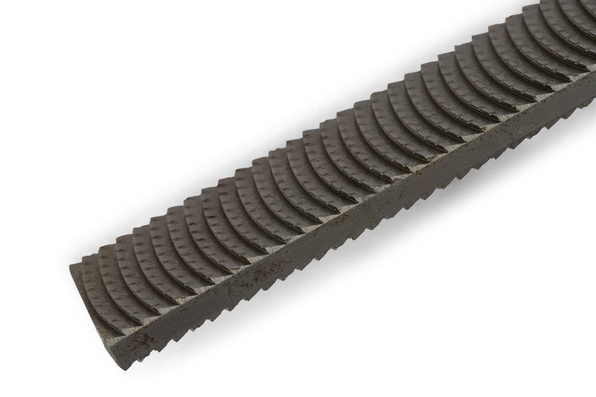 Close-up of a MARU Iwasaki Flat Coarse Wood File, featuring a 10-inch textured, curved, ridged surface for smoothing or shaping materials, shown on a white background.
