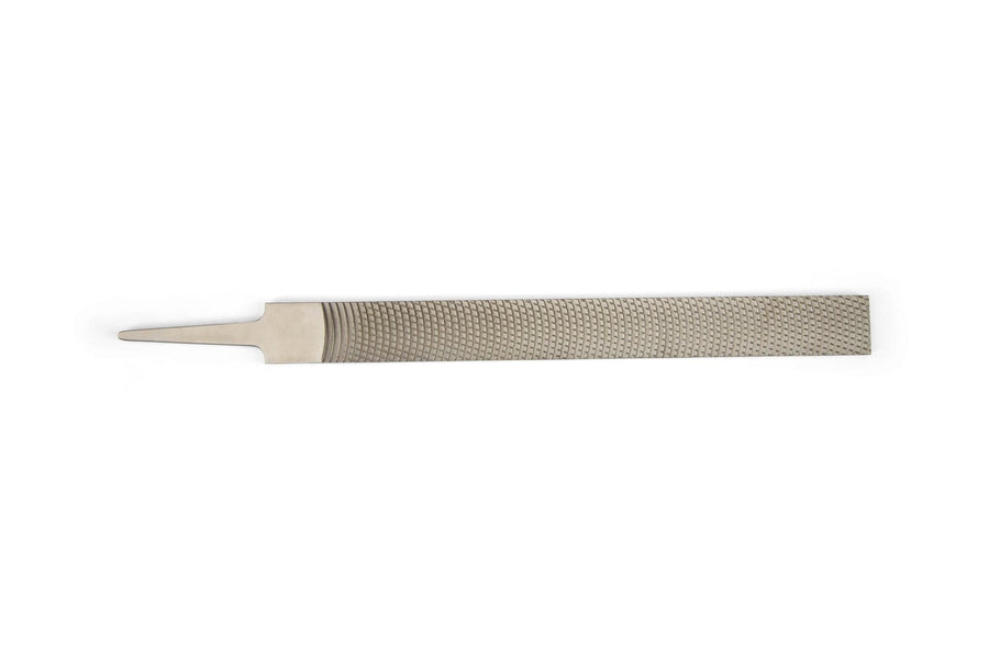 The MARU Iwasaki Flat Coarse Wood File is a 10-inch file with a handle and textured abrasive surface, ideal for smoothing or shaping wood or metal.