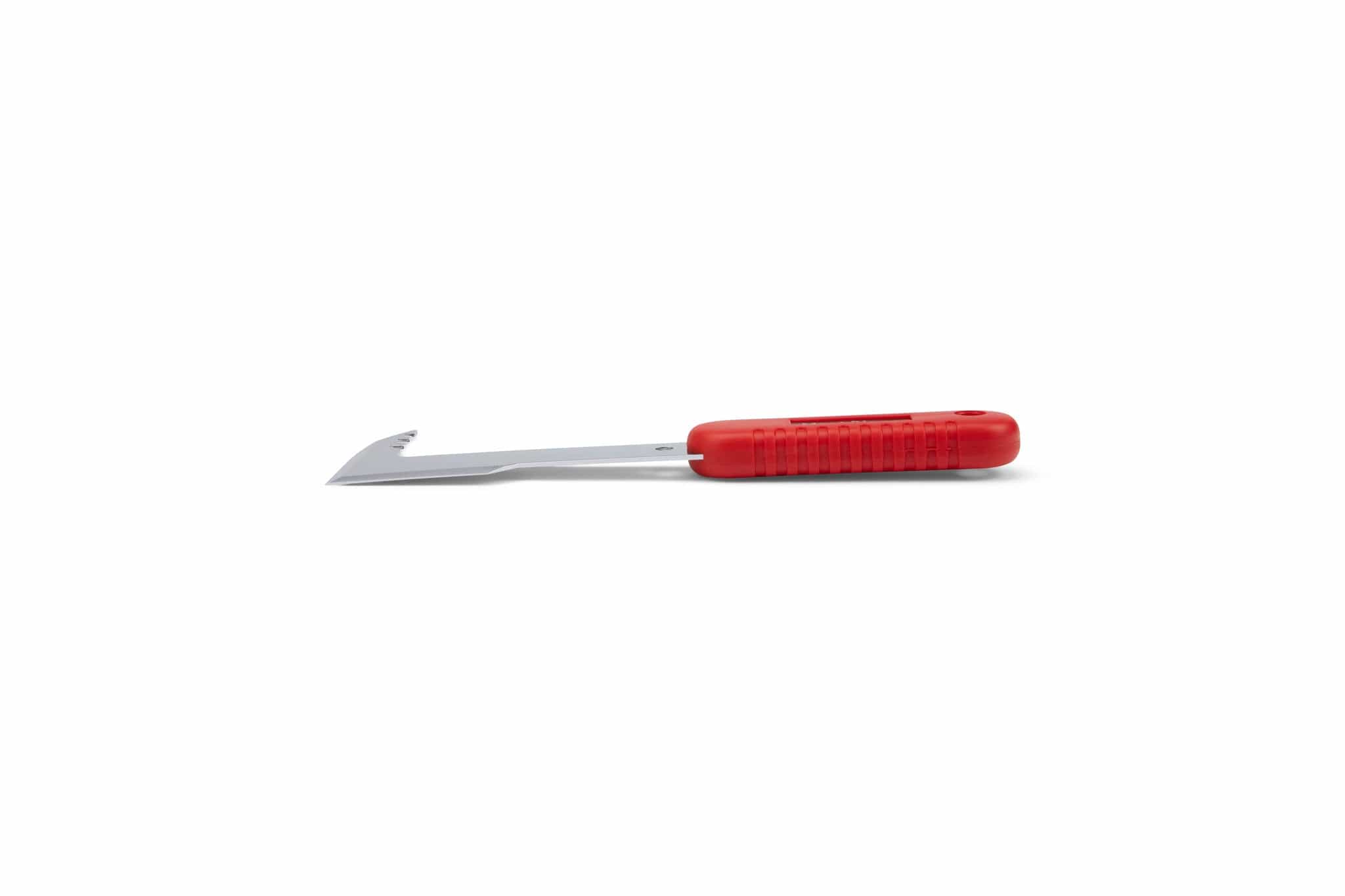 The MARU Japanese Weeding Scraper Mont Blanc features a 7.5-inch carbon steel curved blade with notches and a pointed end, plus a red textured handle. Shown photographed on a white background.