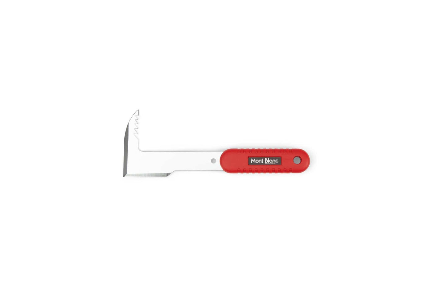 The MARU Japanese Weeding Scraper Mont Blanc is a 7.5-inch metal tool with a red rubber handle, Mont Blanc branding, a carbon steel blade with chrome plating, plus flat and serrated edges for versatile scraping.