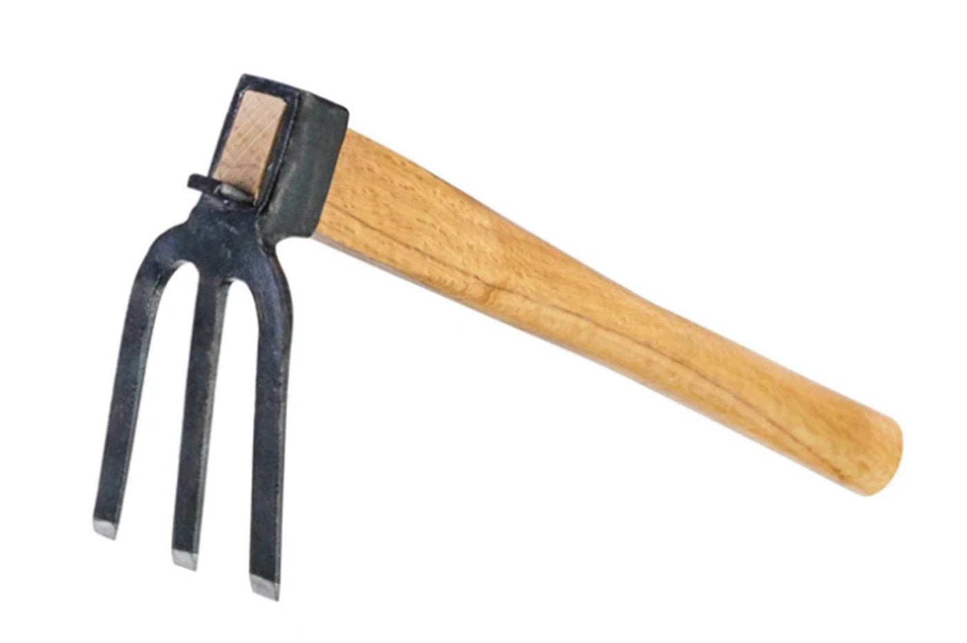 The MARU 3-Prong Hoe features black metal tines crafted from forged Japanese steel and a Japanese Red Oak handle; this classic hand cultivator is shown on a white background.