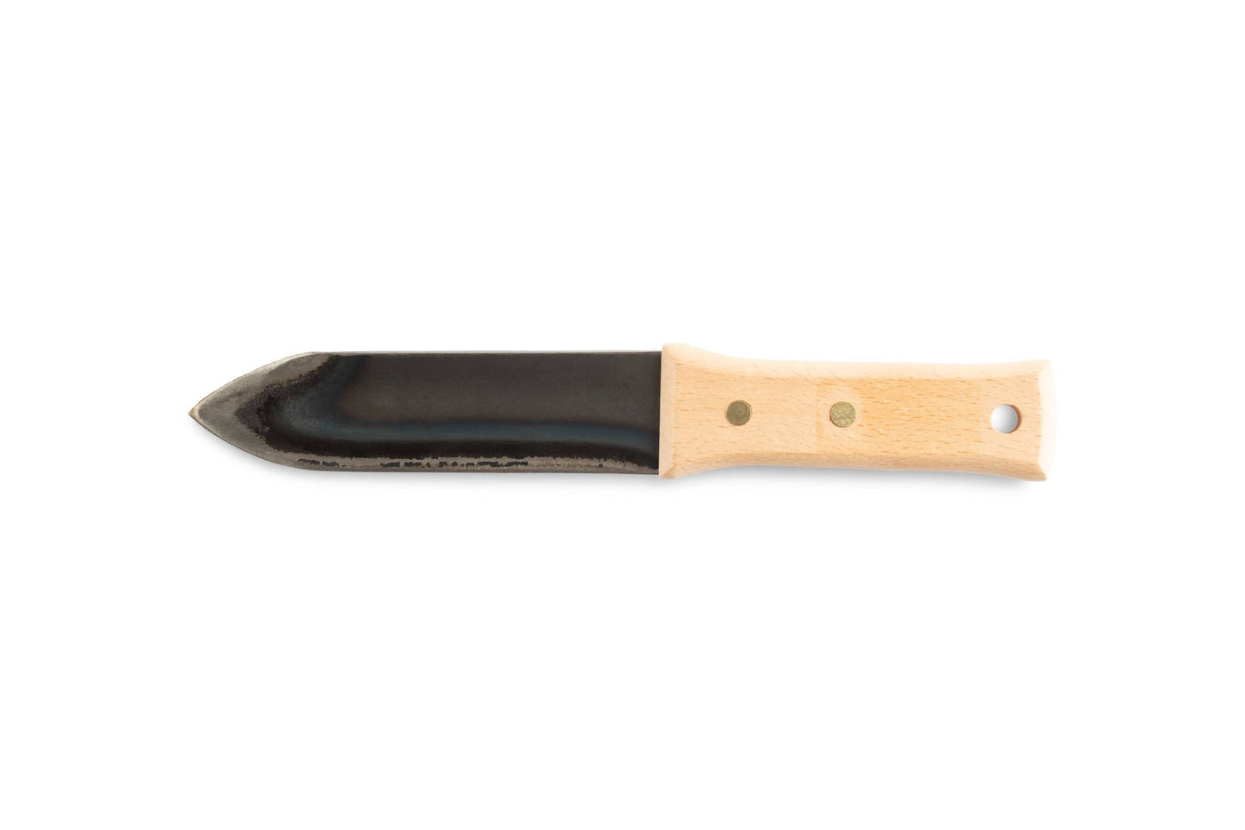 The maru Hori Hori Japanese Gardening Tool features a wooden handle and dark serrated carbon steel blade, ideal for precise garden tasks.