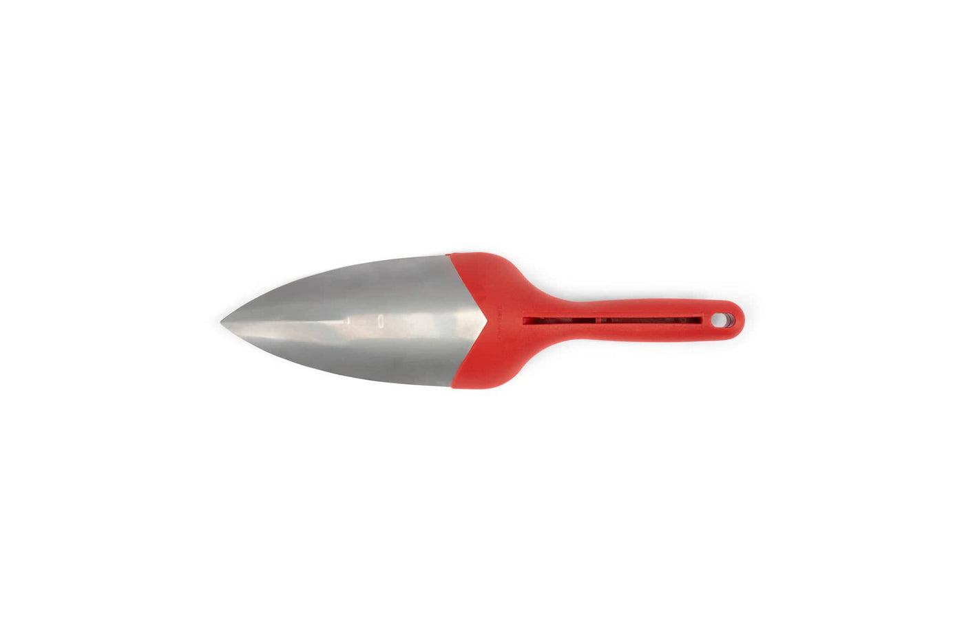 The MARU Japanese Garden Trowel Mont Blanc features a red plastic handle and sturdy stainless steel blade, offering ergonomic comfort for planting. Shown on a plain white background.