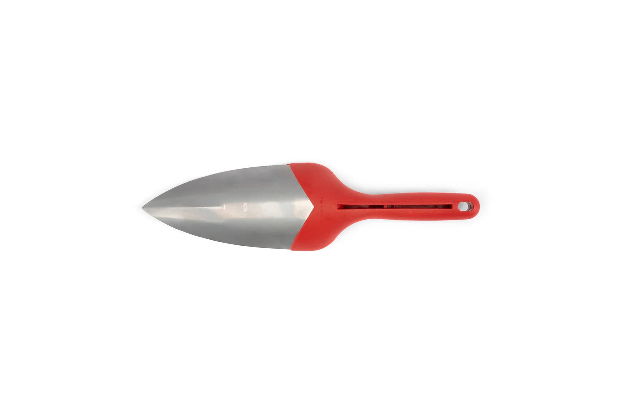 The MARU Japanese Garden Trowel Mont Blanc features a red plastic handle and sturdy stainless steel blade, offering ergonomic comfort for planting. Shown on a plain white background.