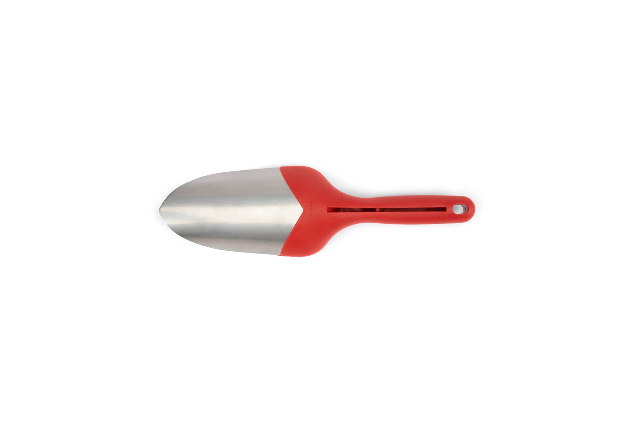 The MARU Japanese Garden Trowel Mont Blanc, with a stainless steel blade and red plastic handle, is shown from above against a white background.