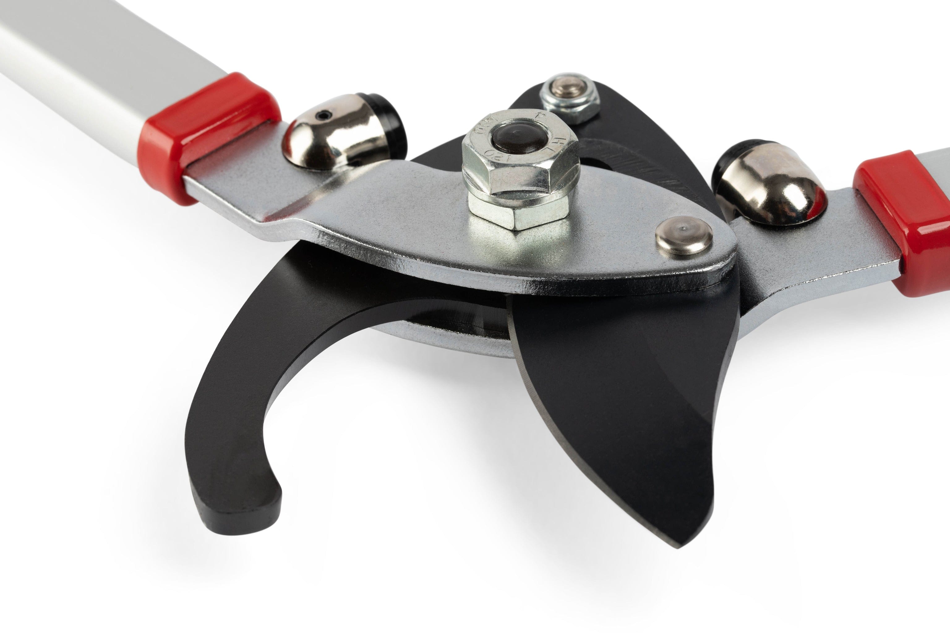 Close-up of the Maru Japanese Gardening Kamaki Lopper with sharp high carbon steel blades and red handles, ideal for pruning vines and cutting branches, displayed against a white background.