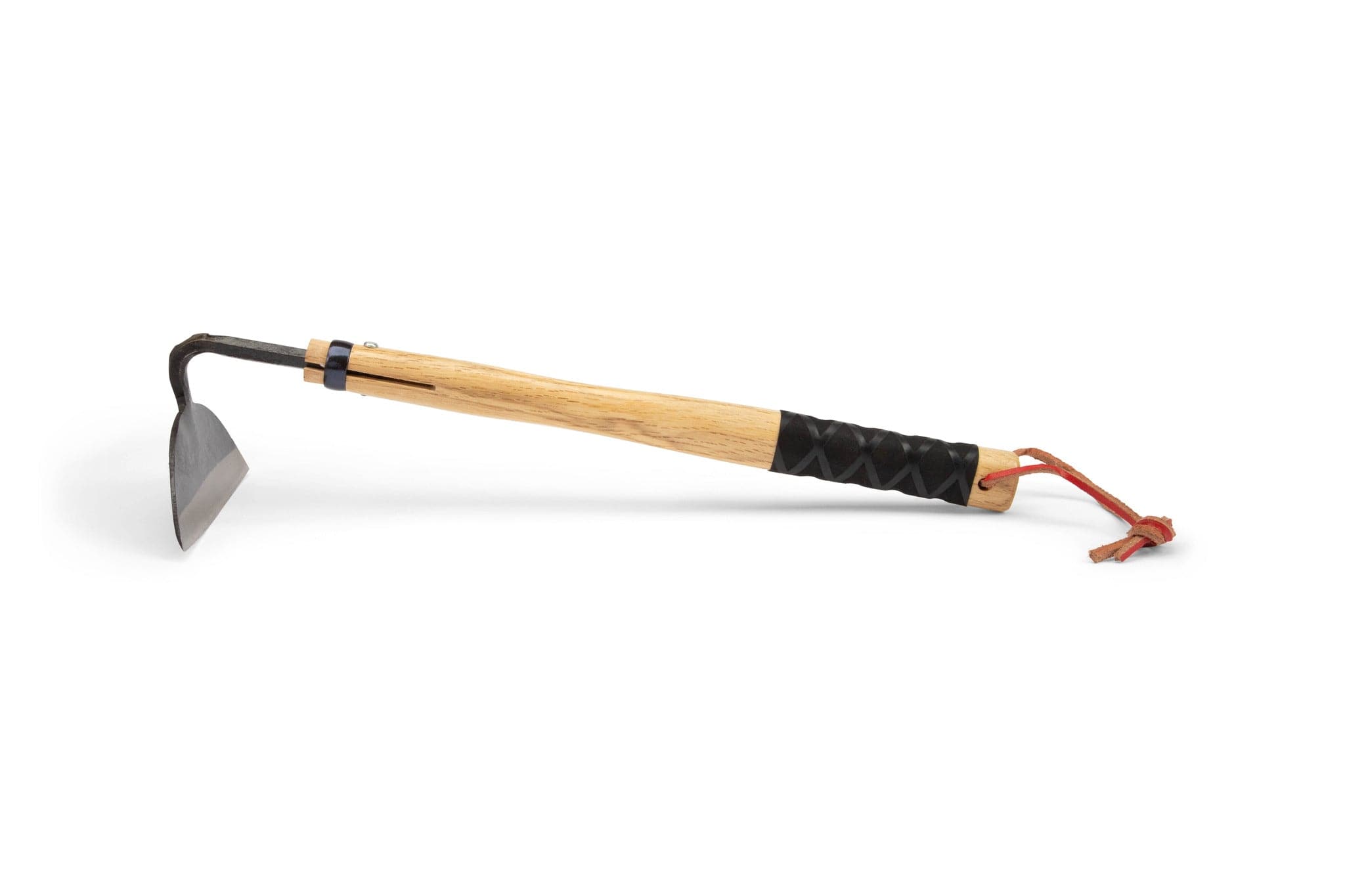 The MARU Japanese Grass Cutter features a wooden handle, black grip, red leather loop, and a sharpened metal blade, shown isolated on a white background.