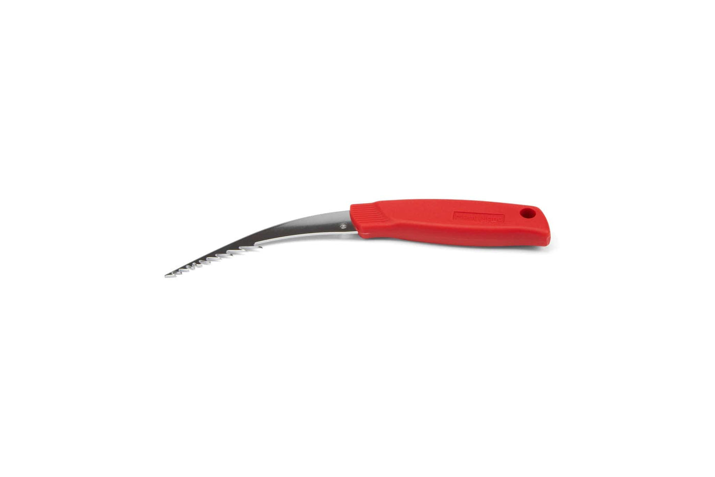 The MARU Japanese Kusatori Ichiban Mont Blanc features a curved, serrated stainless steel blade and a red ergonomic handle, resembling a precision garden tool, isolated on a white background.
