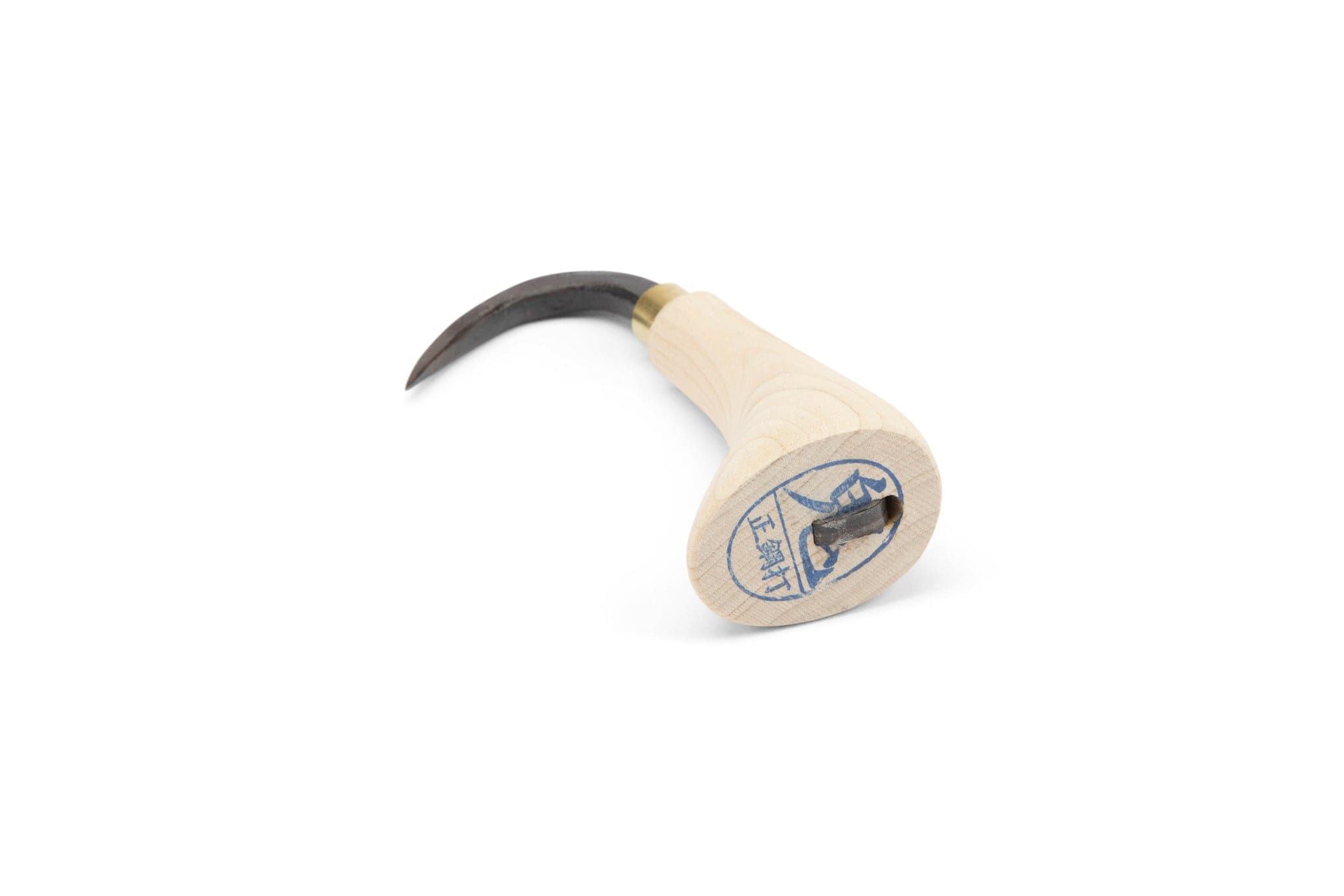 The MARU Japanese Root Hook features a curved, pointed metal blade and a smooth, light wooden handle. The blue logo with a bird and Japanese characters appears at the handles end. Ideal for precise bonsai root work. Background is white.