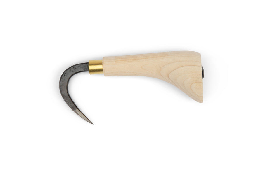 The MARU Japanese Root Hook features a curved metal tip and light wooden handle with a brass collar for comfort. Ideal for potted plant care, this bonsai tool is isolated on a white background.