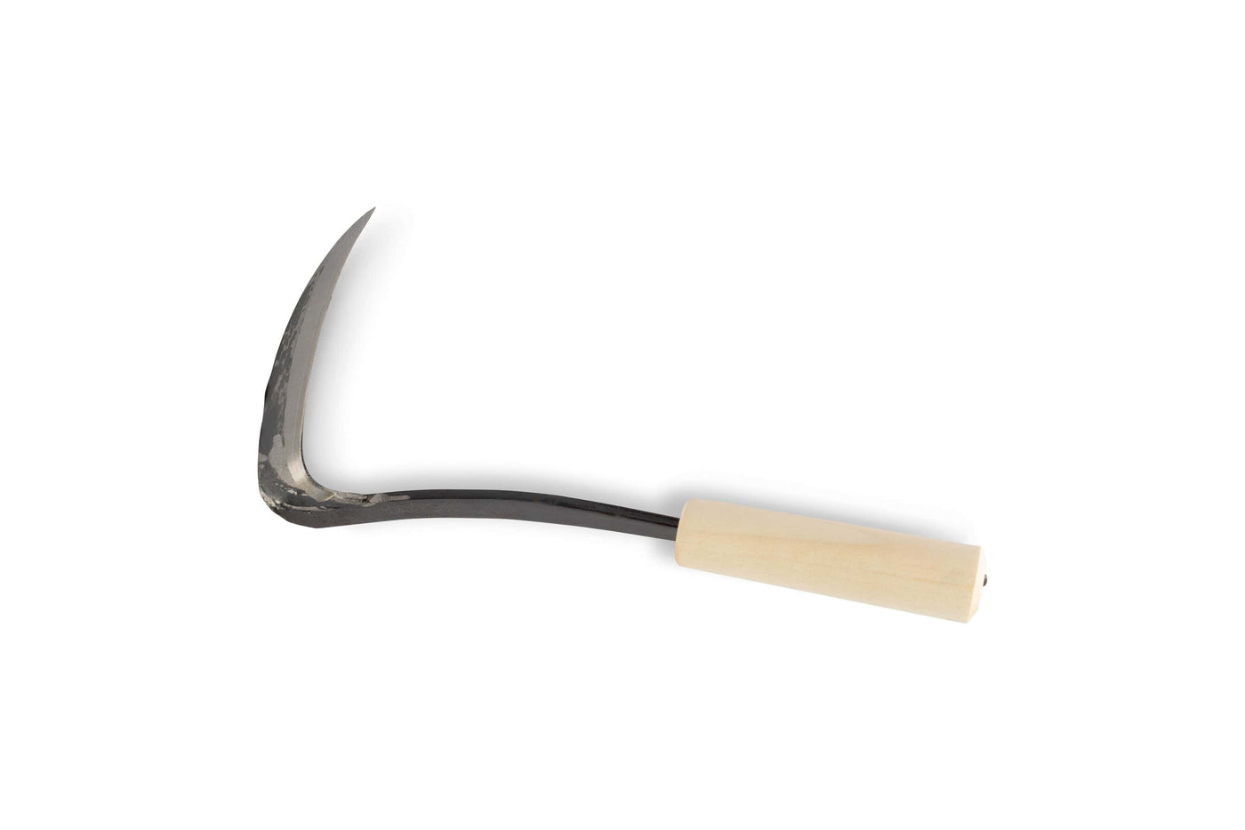 The Japanese Scythe Weeder by MARU has a curved high-carbon steel blade and a light-colored wooden handle, shown on a white background.