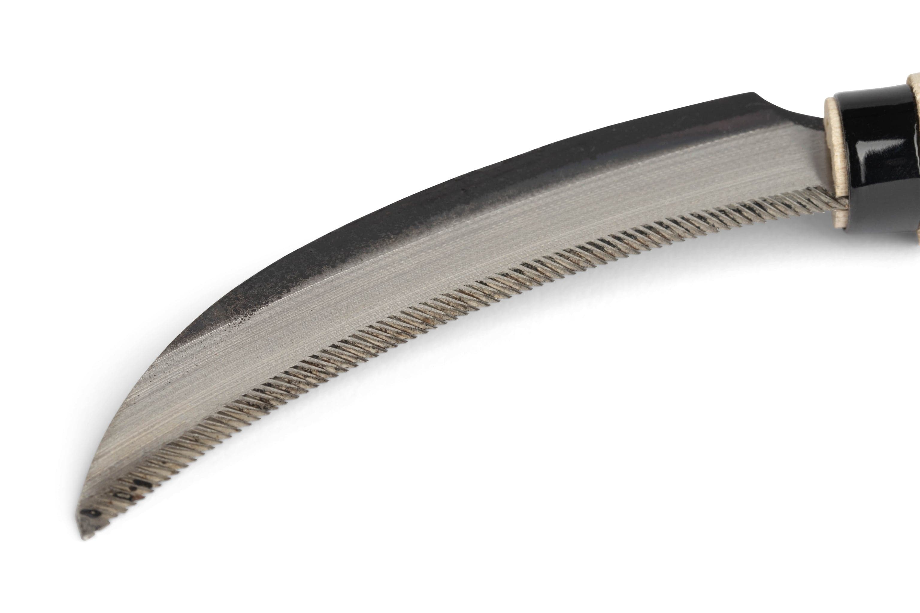 Close-up of a MARU Japanese Serrated Sickle, featuring a curved, serrated blade and lightweight bamboo handle, shown against a white background.