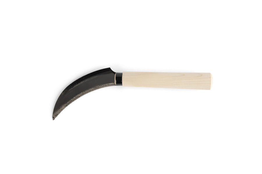 The MARU Japanese Serrated Sickle, featuring a lightweight bamboo handle and curved serrated blade, is shown on a plain white background—perfect for any Hard-to-Find Tools collection or gardening enthusiast.