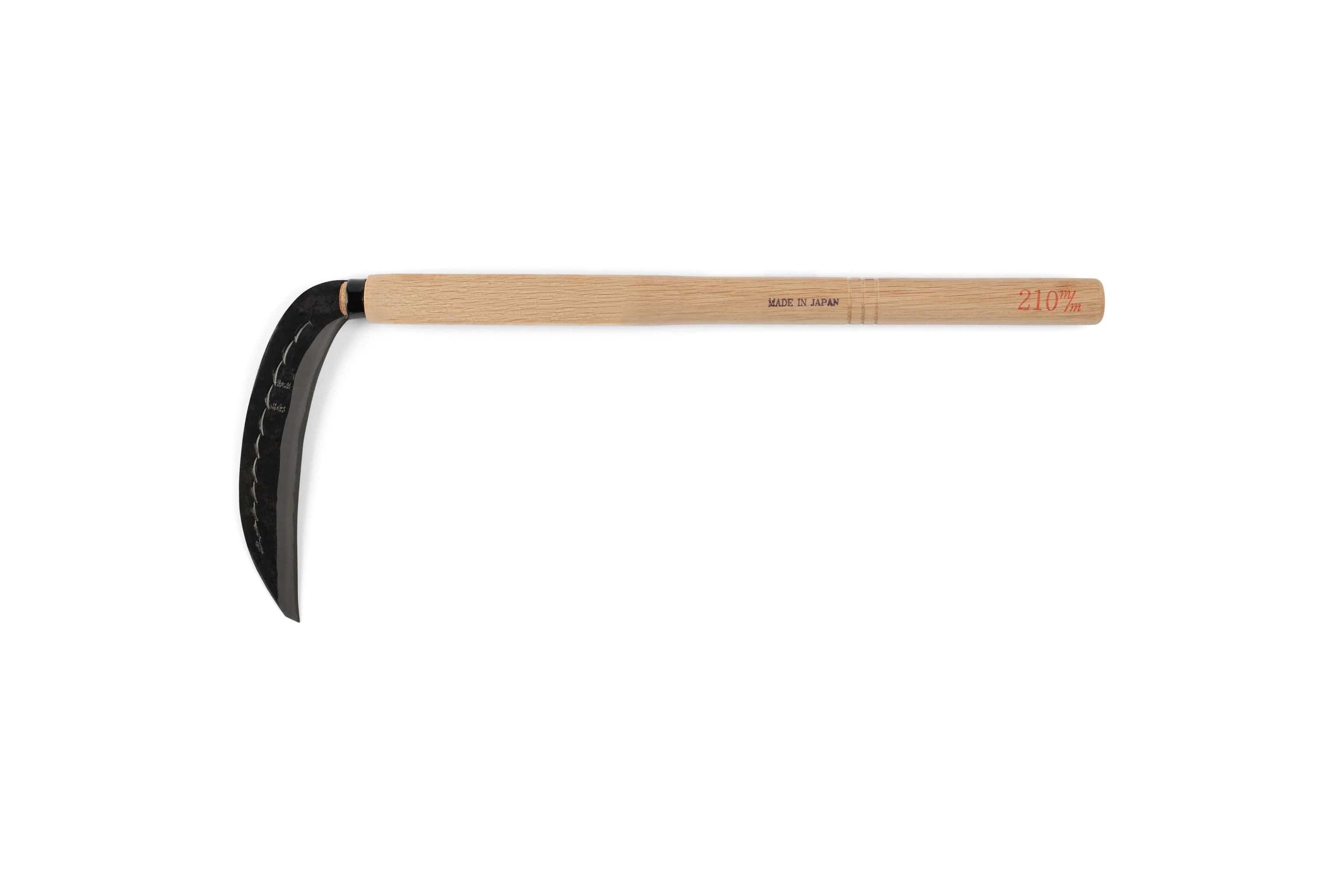 The MARU Japanese Sickle 8-inch Blade features a curved high-carbon steel blade and straight wooden handle, making it a reliable gardening tool for harvesting or weeding.
