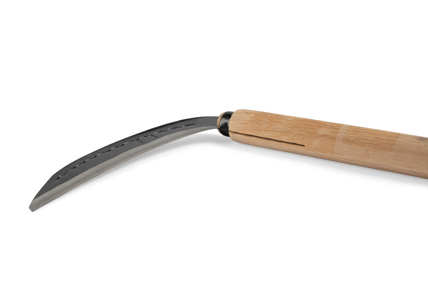 The MARU Japanese Sickle 8-inch Blade features a sharp, slightly serrated high-carbon steel blade and a lightweight wooden handle, ideal for gardening or harvesting tasks.
