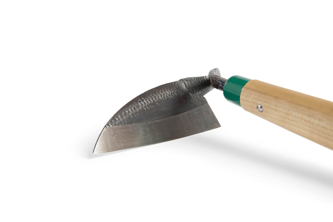 The MARU Japanese Sickle Hoe Right Handed features a curved, textured high carbon steel blade and a wooden handle with a green collar, displayed against a white background.