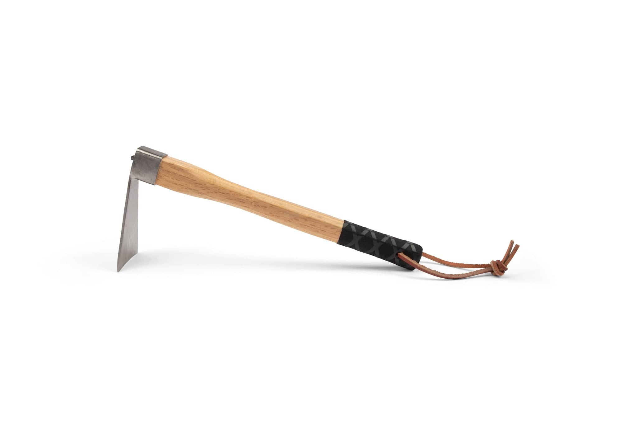 The MARU Japanese Stainless Steel Garden Hoe features a flat, durable blade, wooden handle with black textured grip, and a leather loop. This rust-resistant tool is designed for weeding and is shown against a white background.