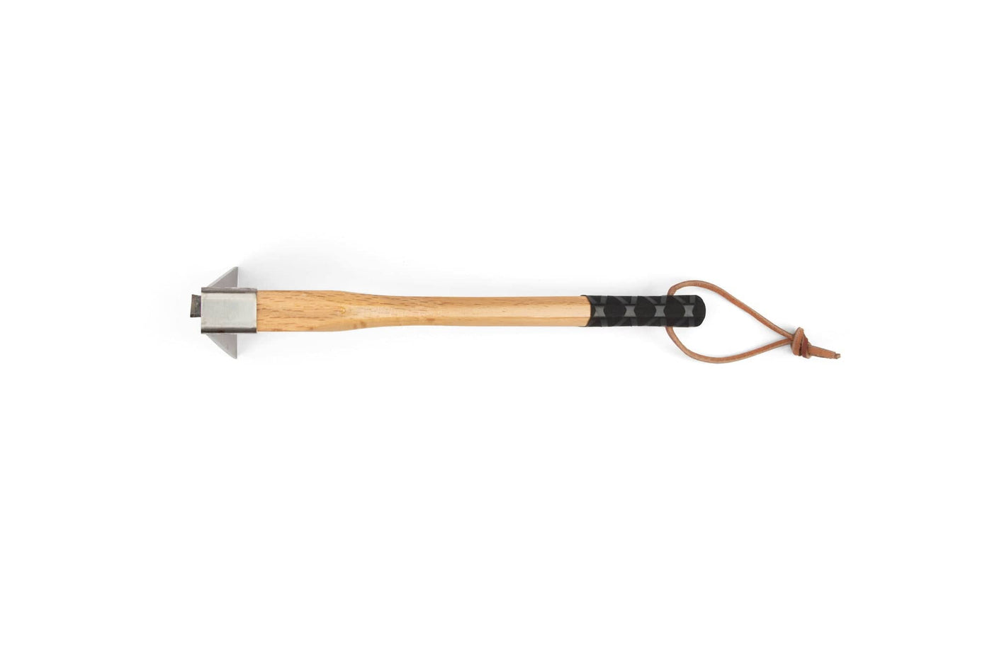 The MARU Japanese Stainless Steel Garden Hoe features a wooden handle with a black textured grip, a double-sided rust-resistant silver head, and a leather strap at the end, displayed on a white background.