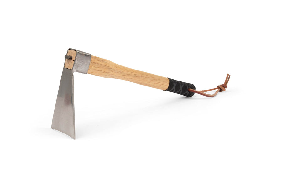 The MARU Japanese Stainless Steel Garden Hoe features a rust-resistant, wide flat blade and a wooden handle with black grip and leather strap, shown isolated on a white background.