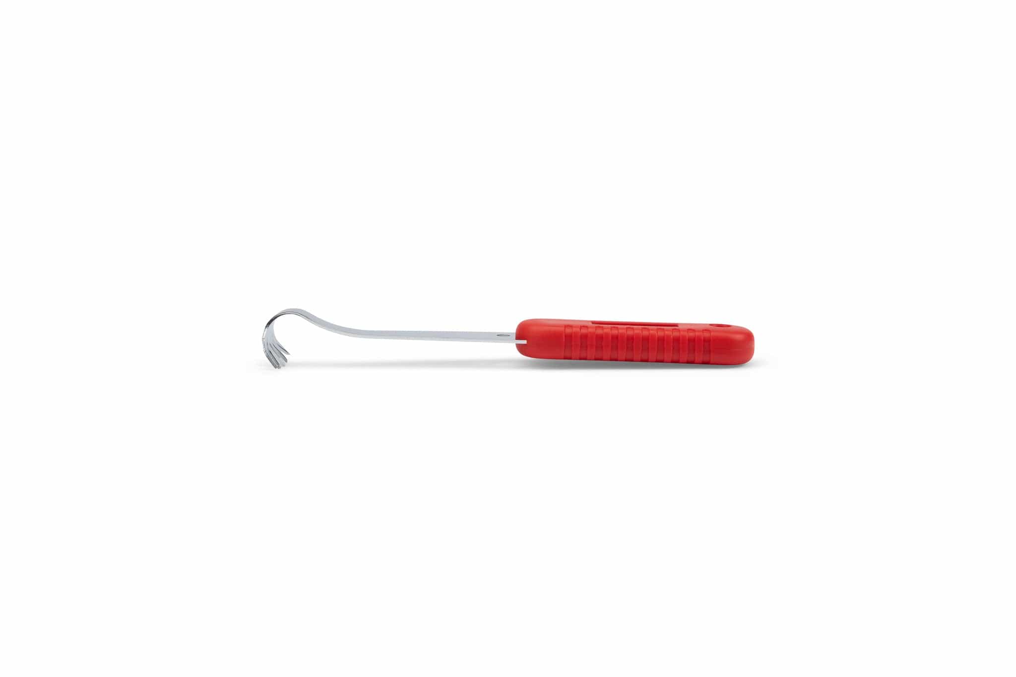 The MARU Japanese Weeding Claw Mont Blanc features a red handle and curved pronged blade, making it ideal for tending to indoor potted plants. Shown isolated on a white background.