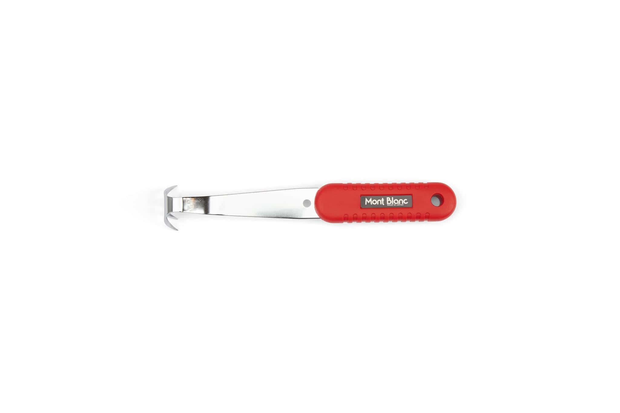 The MARU Japanese Weeding Claw Mont Blanc is a metal hoof cleaning tool with a curved tip, red handle, and Mont Blanc logo—perfect for garden weeding. Shown isolated on a white background.