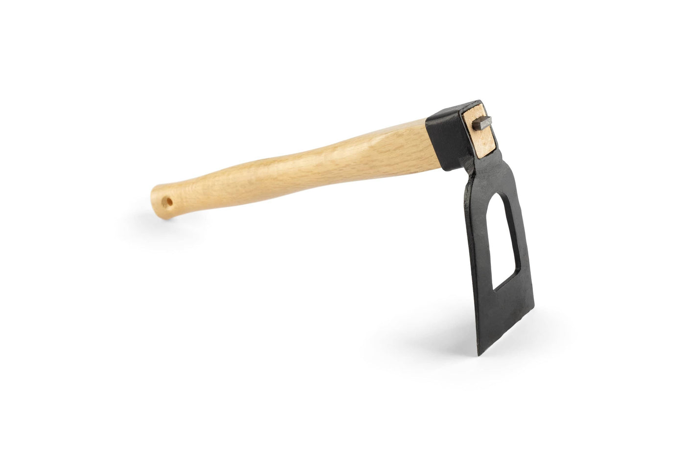 A side view of the MARU Kusakichi Japanese Window Hoe, featuring a wooden handle and black metal blade with a window cutout near the handle and a beveled edge, isolated on a white background.