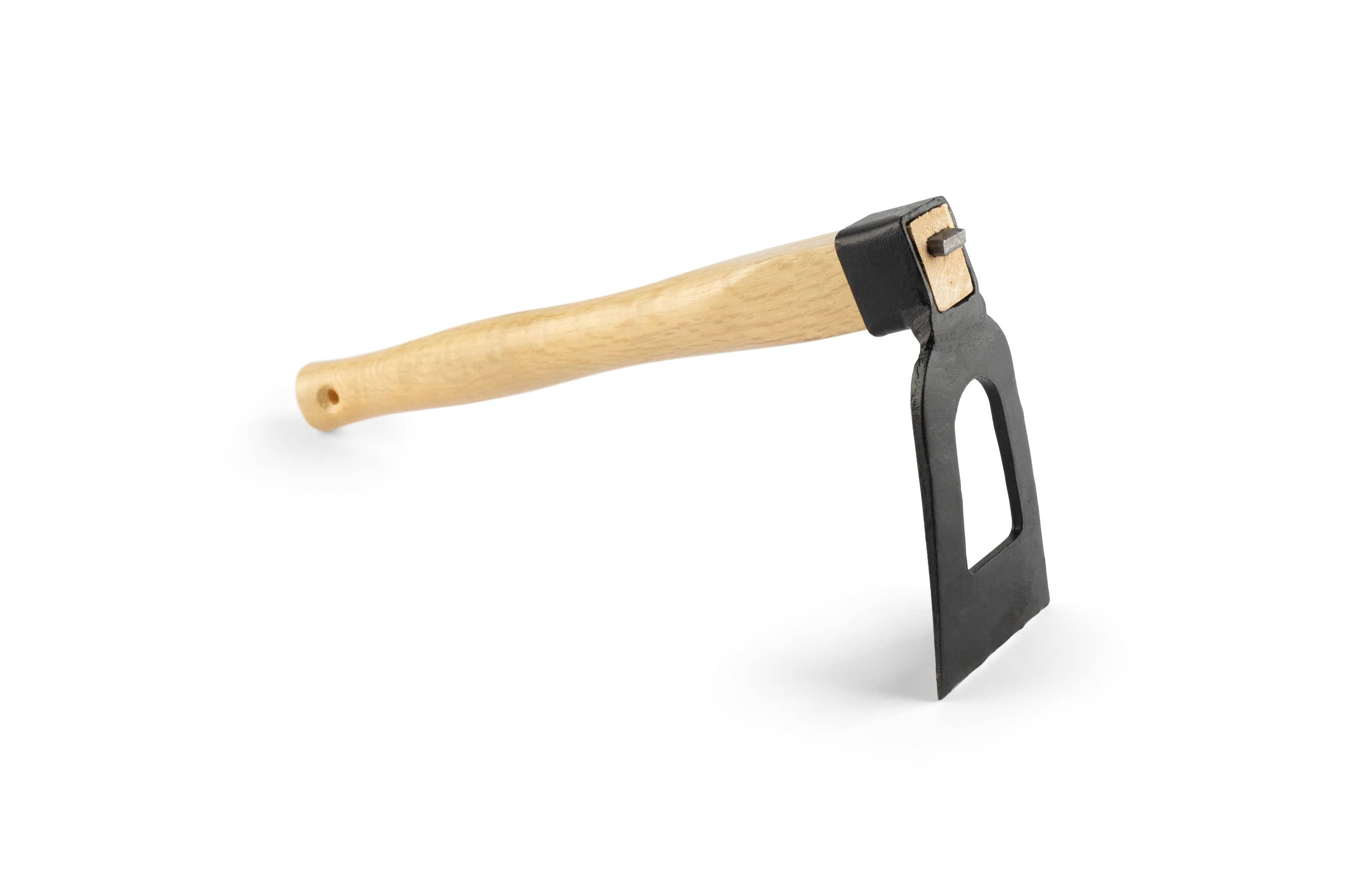 A side view of the MARU Kusakichi Japanese Window Hoe, featuring a wooden handle and black metal blade with a window cutout near the handle and a beveled edge, isolated on a white background.