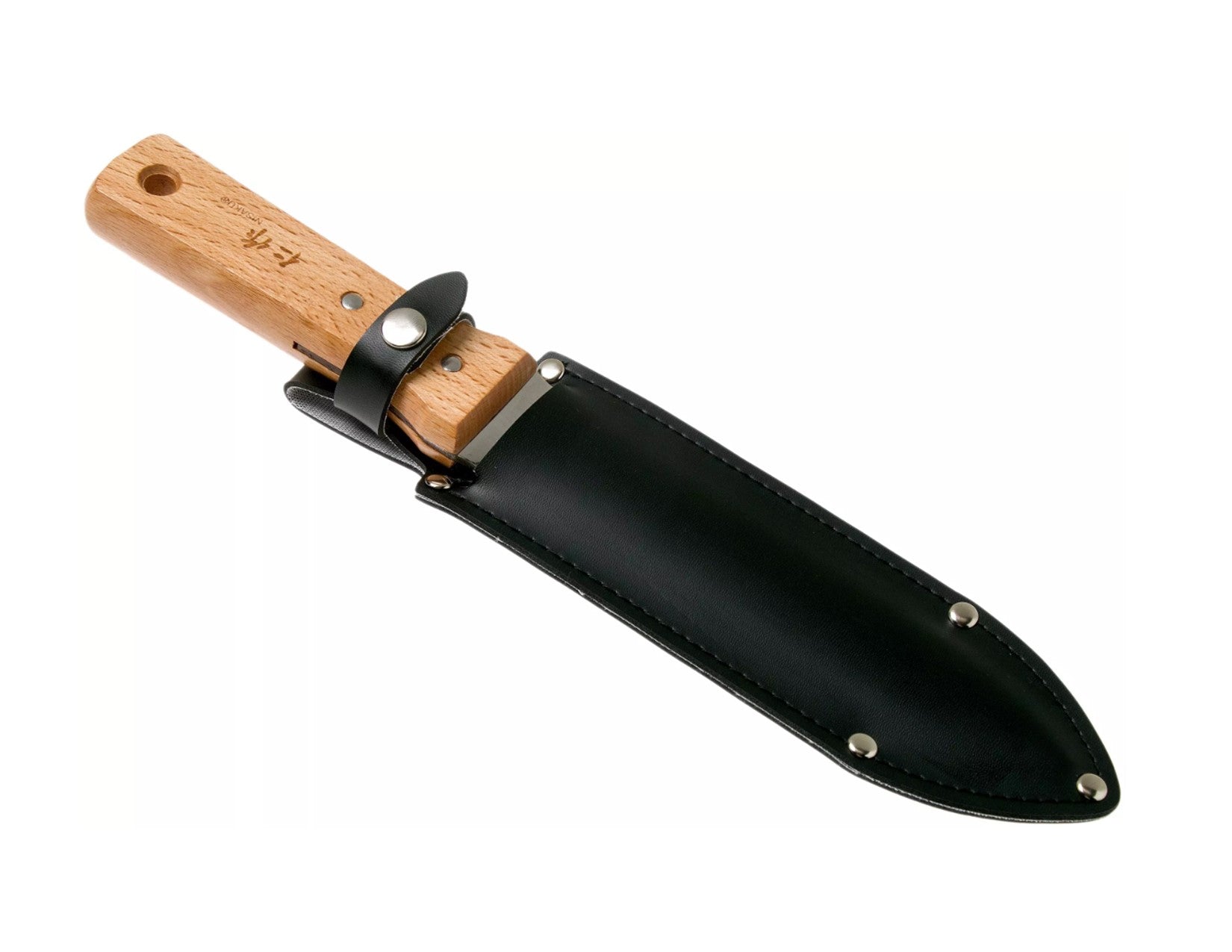 The MARU Nisaku Hori Hori Knife, made from Japanese stainless steel, has a wooden handle and comes with a black leather sheath. It features both serrated and straight edges for versatile use.