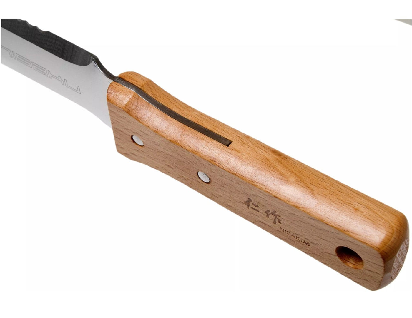 A close-up of the MARU Nisaku Hori Hori Knife showcases its serrated stainless steel blade and wooden handle with branded engraving, echoing the precision of a Japanese weeding knife.