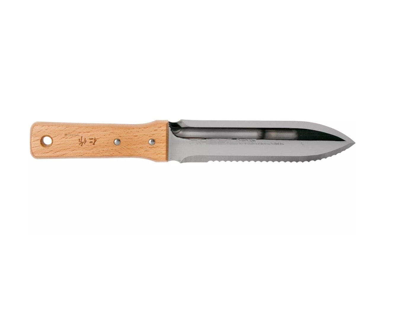 The MARU Nisaku Hori Hori Knife features a wooden handle and a sharp blade made of Japanese stainless steel with serrated and straight edges, ideal for versatile weeding.