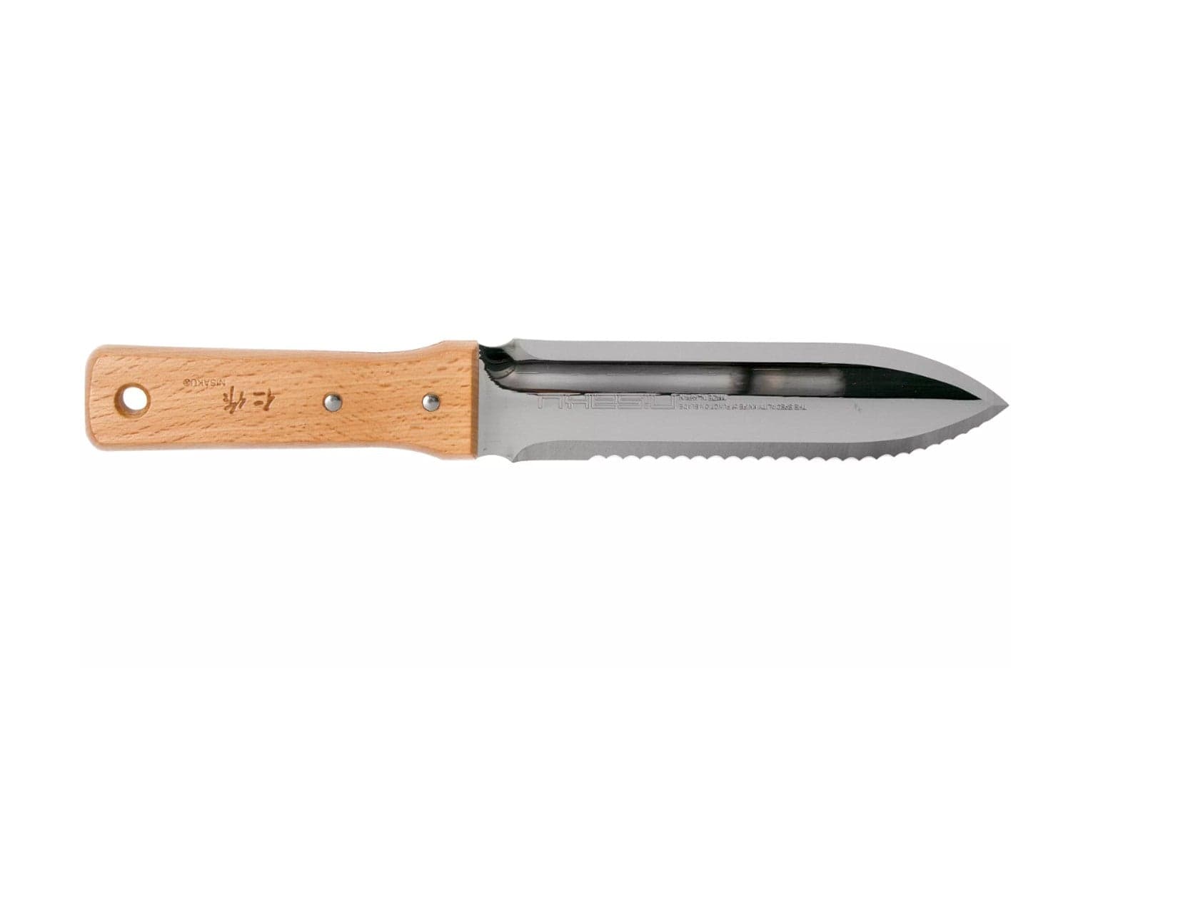 The MARU Nisaku Hori Hori Knife features a wooden handle and a sharp blade made of Japanese stainless steel with serrated and straight edges, ideal for versatile weeding.