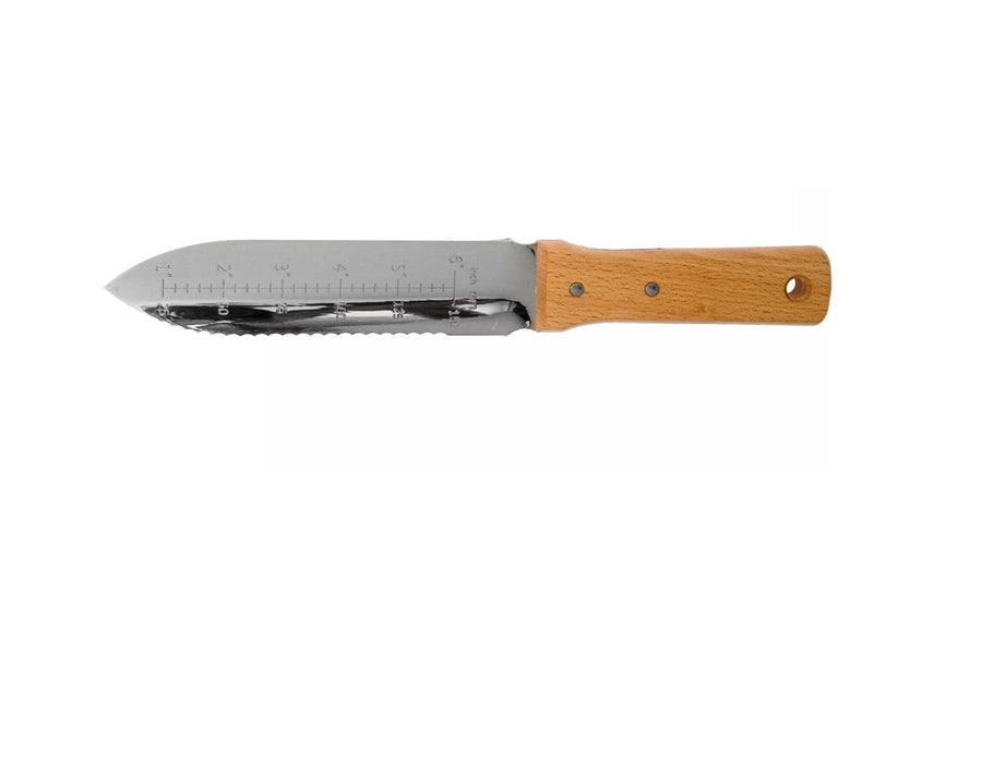 The MARU Nisaku Hori Hori Knife is a versatile gardening tool with a Japanese stainless steel blade featuring measurement markings, serrated and straight edges. It has a wooden handle and a hanging hole for convenience.