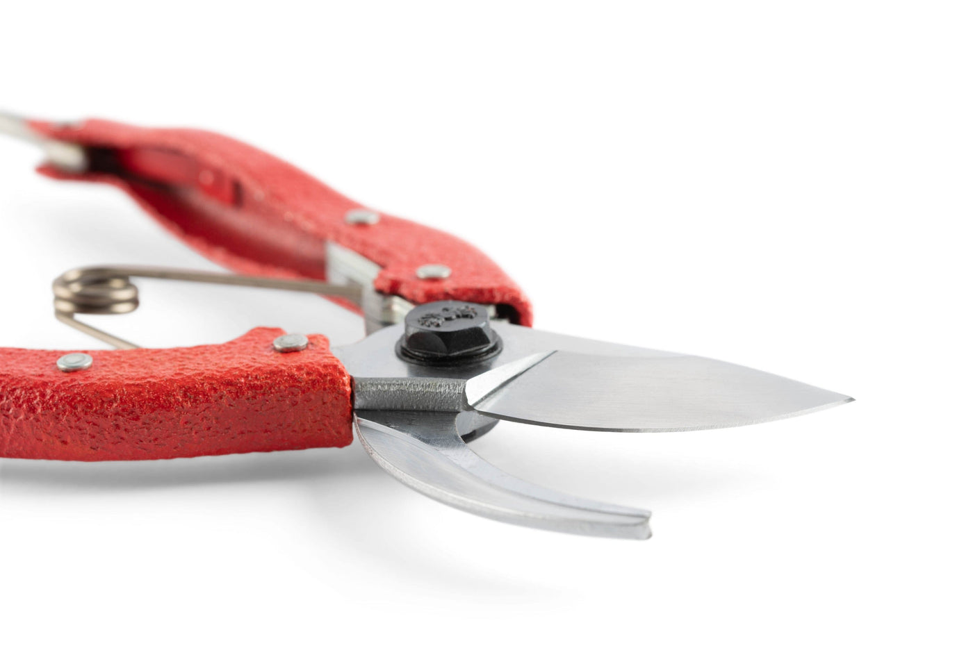 A close-up of MARUs Nishigaki Japanese Pruning Shears, showing sharp metal blades and ergonomic red handles, displayed on a white surface.