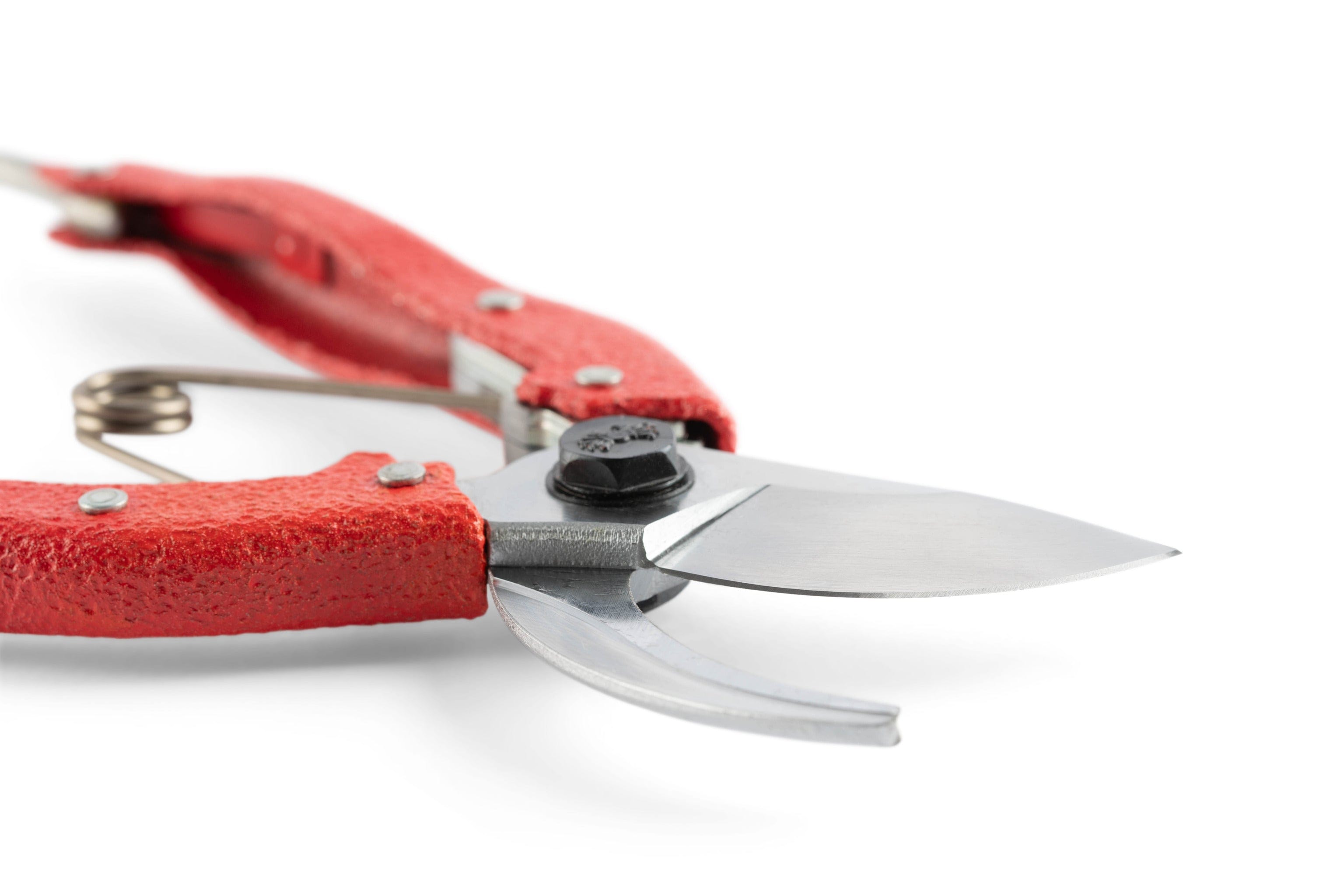 A close-up of MARUs Nishigaki Japanese Pruning Shears, showing sharp metal blades and ergonomic red handles, displayed on a white surface.