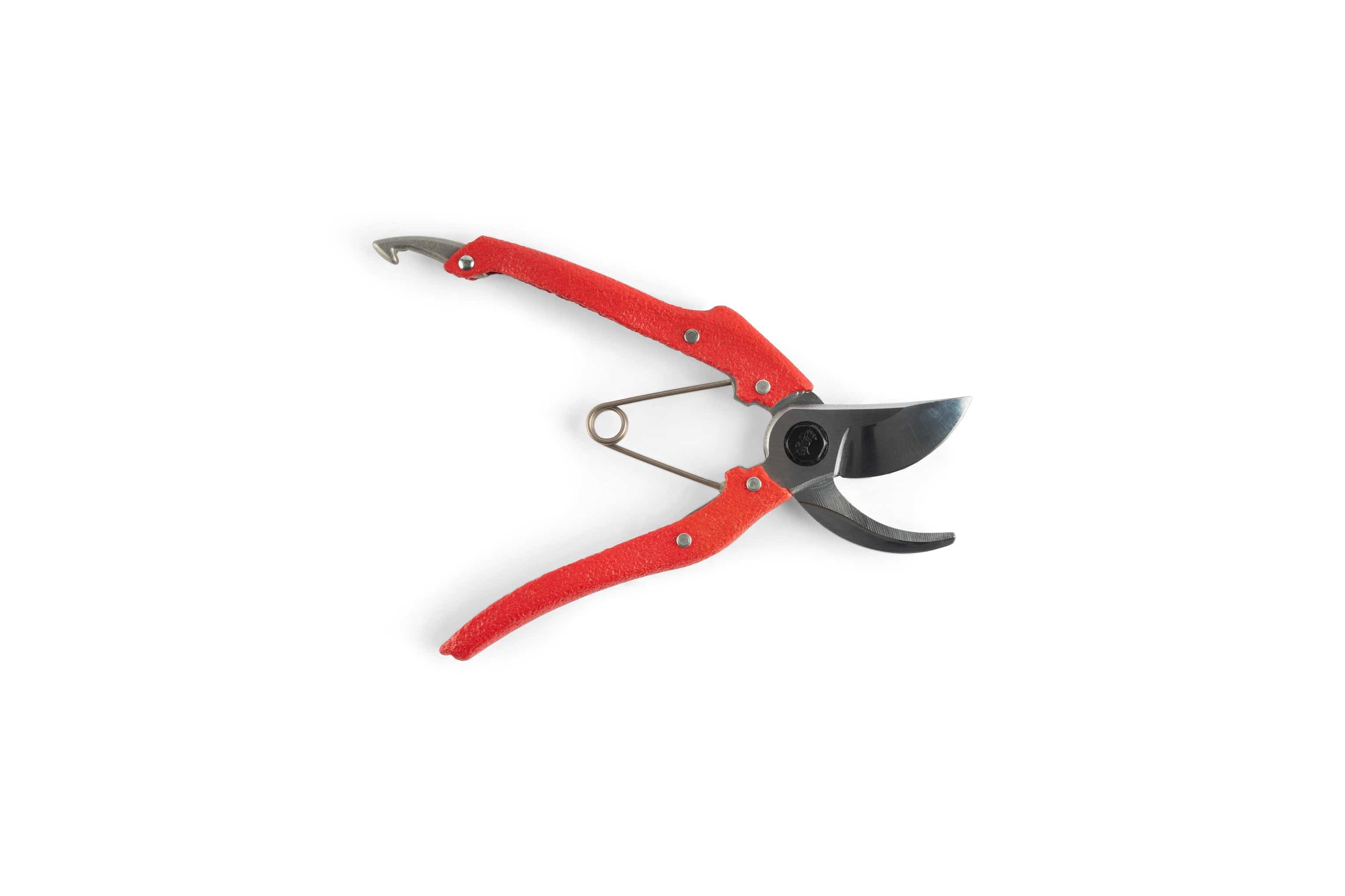 The MARU Nishigaki Japanese Pruning Shears feature red handles and an ergonomic design, shown partially open and isolated on a white background.