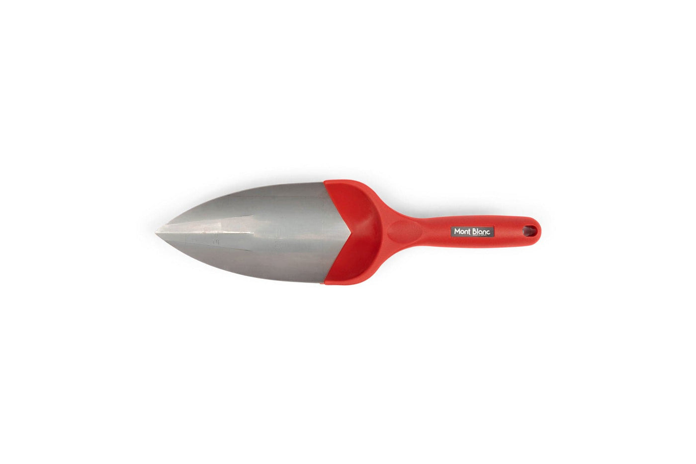 The MARU Japanese Garden Trowel Mont Blanc features a wide, pointed stainless steel blade and a red plastic handle, shown against a white background.