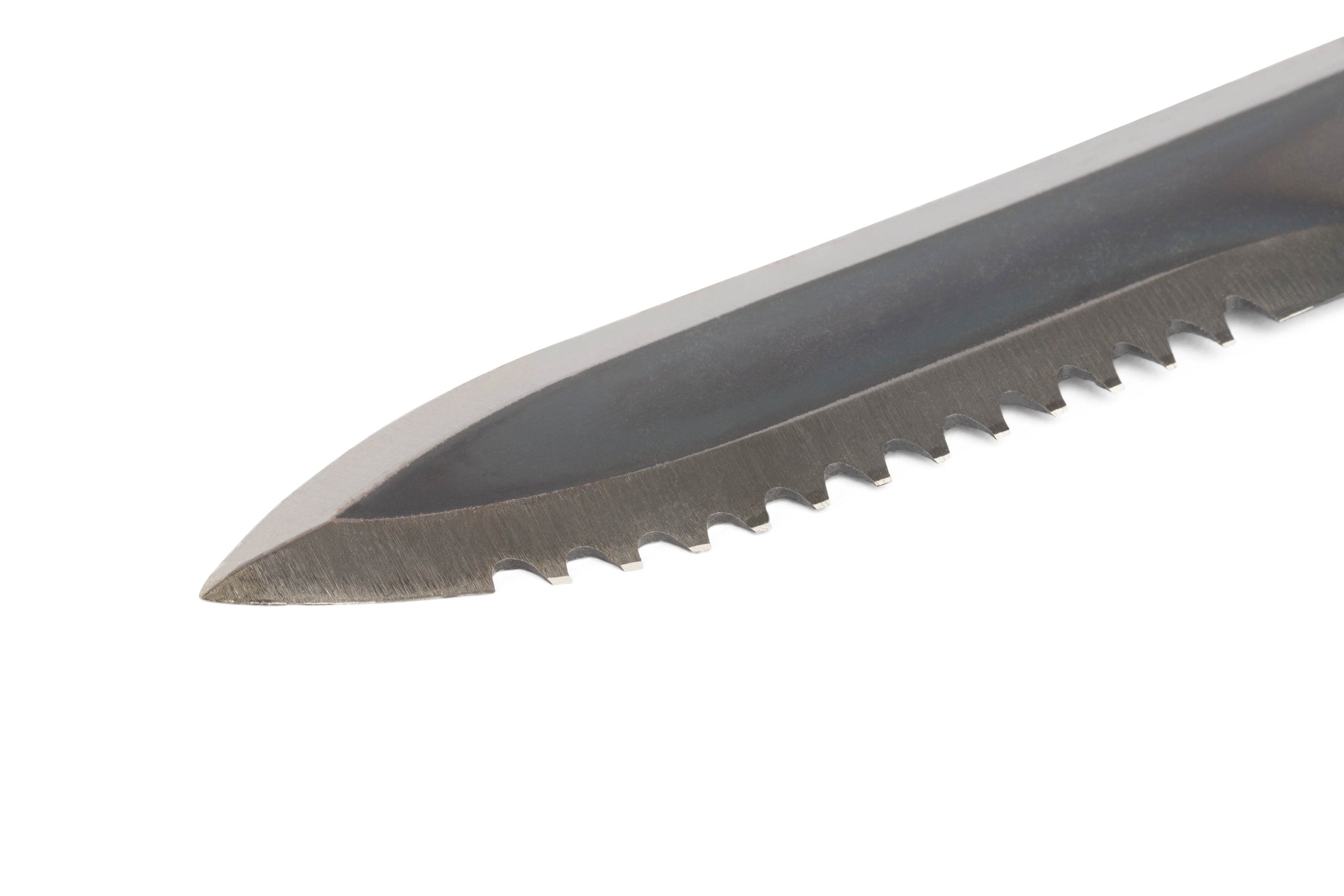 Close-up of a serrated Hori Hori Japanese Gardening Tool blade from maru, made of carbon steel and set against a white background.