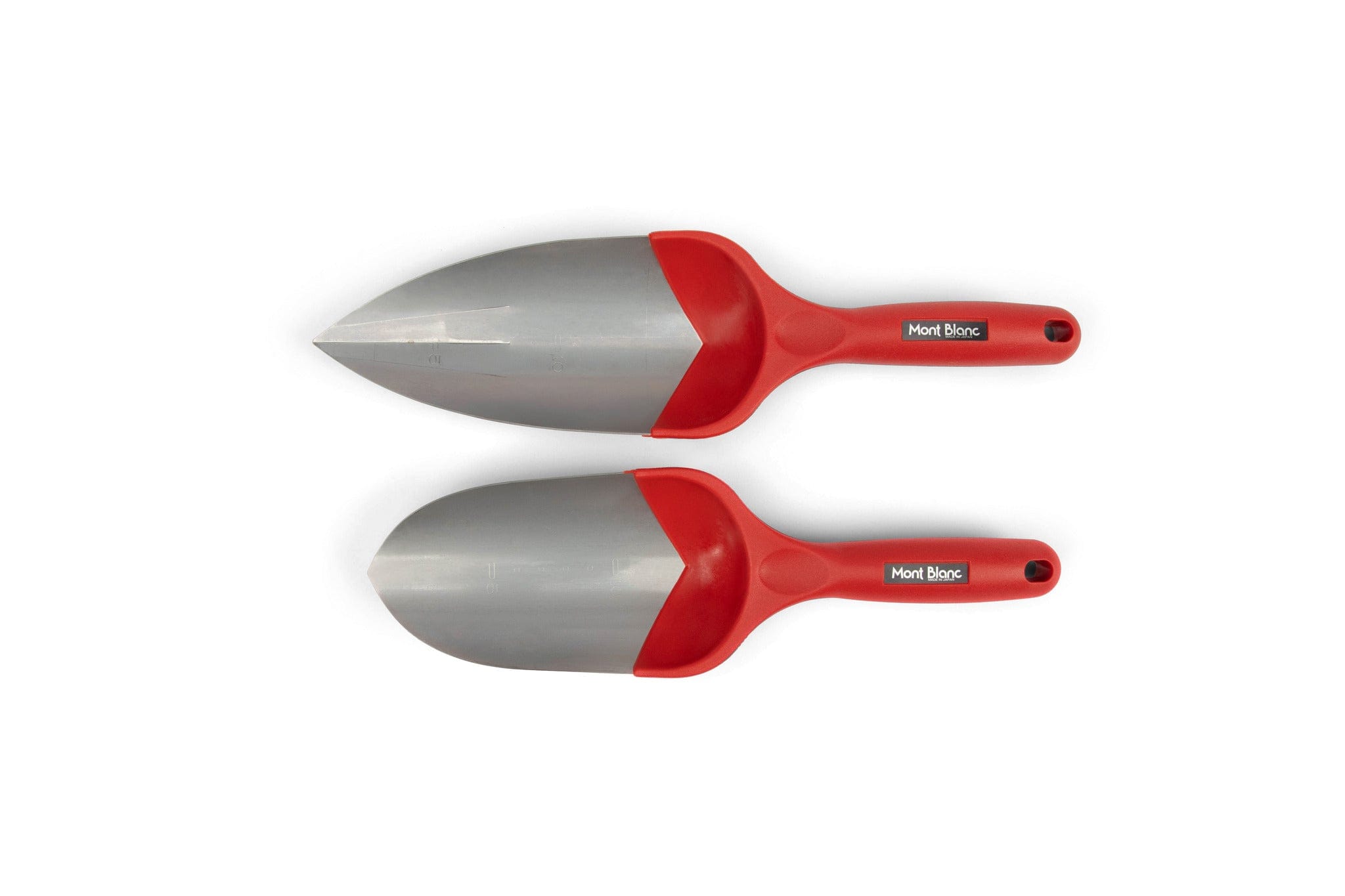 The MARU Japanese Garden Trowel Mont Blanc set features two stainless steel trowels with red handles—one with a pointed blade and the other rounded—placed side by side on a white background for versatile gardening tasks.